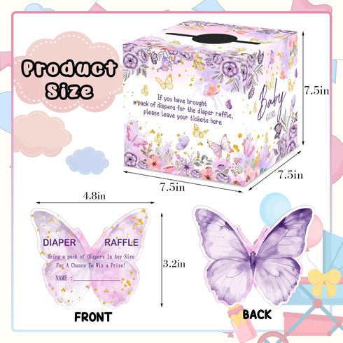 QZCYU 50 Pcs Butterfly Baby Shower Games, Butterfly Diaper Raffle Tickets with Diaper Raffle Card Box, Gender Reveal