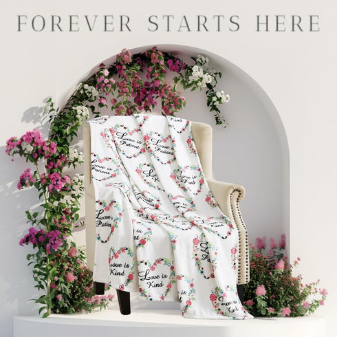 50" 60" Spring Wedding Fleece Throw Blanket: Love is Kind Patient Pink White Red Design Floral Hearts, x Velvety Soft