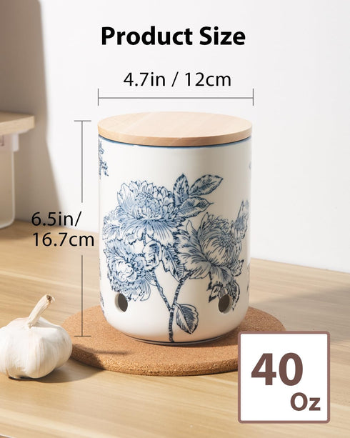 40 Oz Ceramic Garlic Keeper with Lid, Large Garlic Holder, Garlic Storage Container, Blue and White
