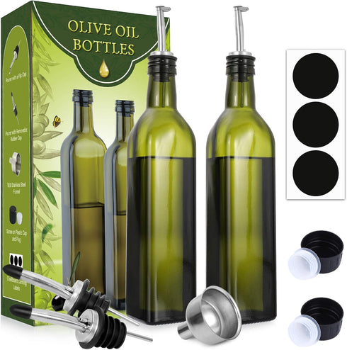 AOZITA 500ml Glass Olive Oil Dispenser Bottle Set - Dark Green Cruet with Pourers, Funnel, Labels, 17 Oz (Pack of 2)