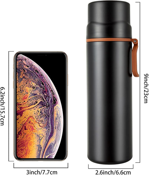 Insulated 15oz Black Water Bottle - Stainless Steel Vacuum Coffee Cup with Handle, Double Walled Sport Travel Mug