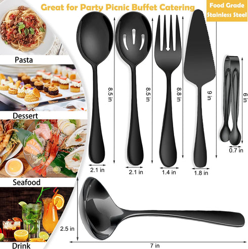 6 PCS Stainless Steel Serving Utensils, Large Serving Spoons Slotted Spoons, Forks, Ice Suger Tongs, Cake Server, Soup Ladle, Metal Utensils Set Great for Buffet Catering Banquet Party, Black by IAXSEE