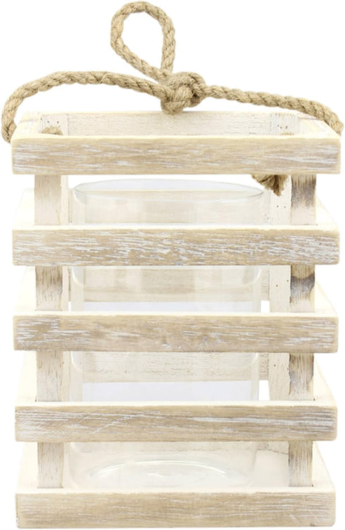 Stonebriar Small Worn White Wooden Candle Lantern with Removable Glass Cylinder Hurricane and Rope Handle