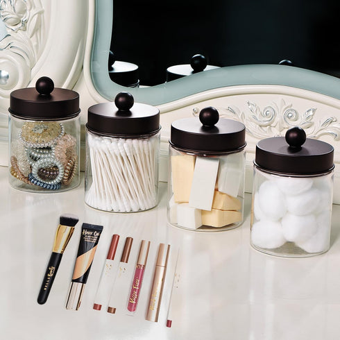 Amolliar Farmhouse Qtip Holder Dispenser for Cotton Swabs, Clear Plastic Apothecary Jar for Bathroom Countertop