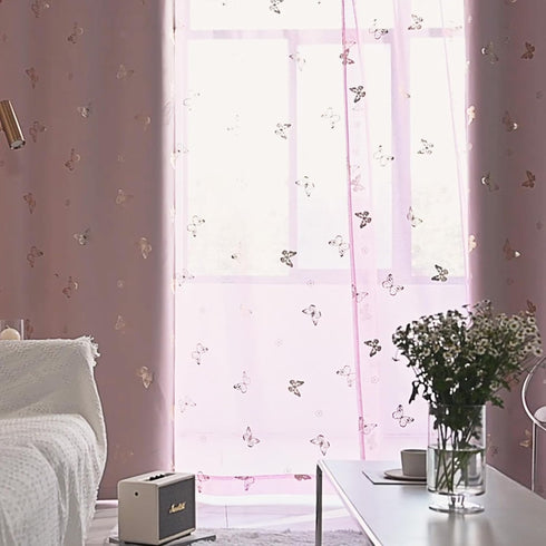 84 Inch Sets, 2 Jubilantex Pink Butterfly Sheer Curtains Gold Print Drapes for Baby Girls Nursery, Kids Bedroom Long
