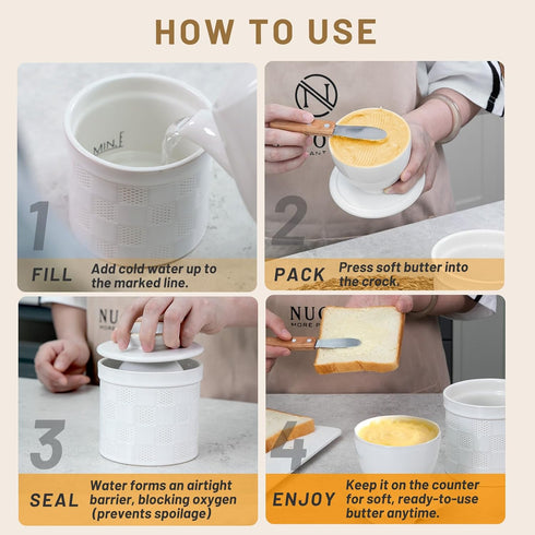 Countertop, Nucookery Ceramic Butter Crock with Lid Embossed French-Style Butter Keeper for Water-Seal Design Keeps