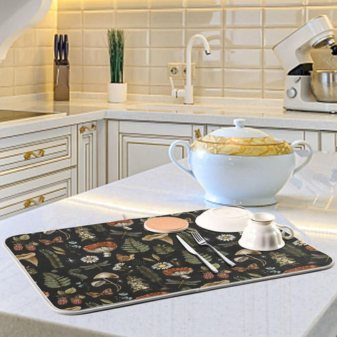 Vintage Botanical Mushroom Fern Leaves Berry Dish Drying Mat, Super Absorbent Microfiber Kitchen Countertop Protector