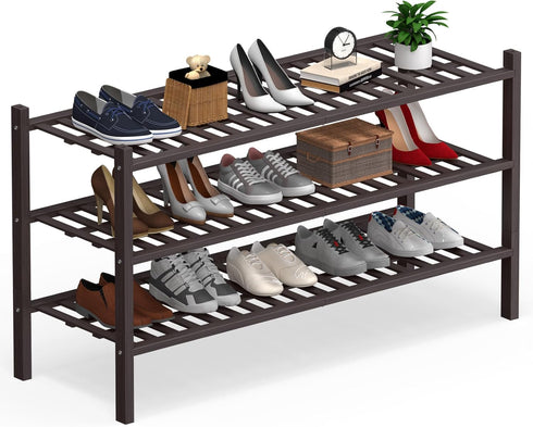 Haddockway Long 3 Tier Bamboo Shoe Rack Storage Organizer,Multifunctional Free Standing Stackable