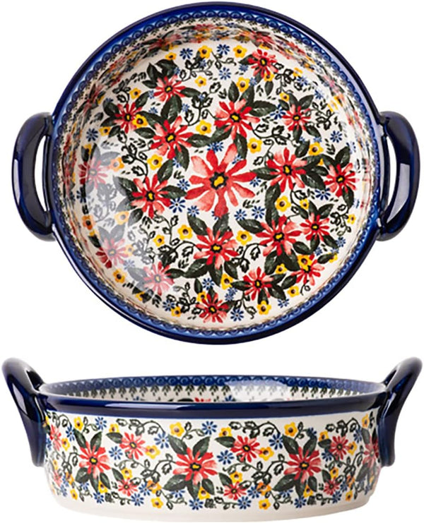 Vintage Style Red Daisy Flower Ceramic Bakeware Casserole Dish, 32 OZ, 1 PCS, Baking Pan with Handles for Oven