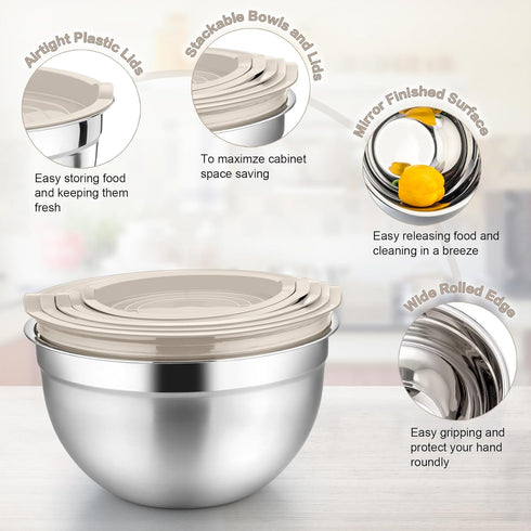 Khaki Mixing Bowls with Lids, Set of 5, P&P CHEF Stainless Steel Nesting Salad Bowl for Mixing & Storing, Refrigerator & Dishwasher Safe, Size 4.6, 3, 1.5, 1, 0.7 QT