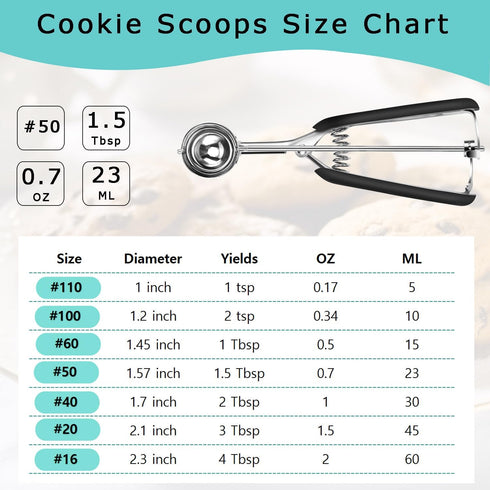 Cookie Scoop 1.5 Tbsp, Cookie Dough Scoop, Size #50/1.5 Tablespoons/ 23 ml, Cookie Scoop for Baking, Black, 18/8 Stainless Steel, Comfortable Grip