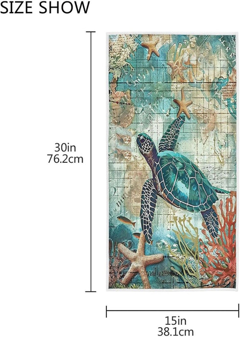 Pfrewn Sea Turtle Starfish Retro Map Hand Towels, 16x30 in Fish Scale Thin Bathroom Towel, Ultra Soft