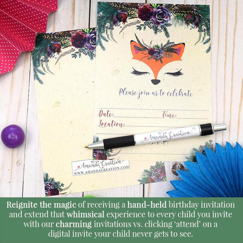 Woodland Forest Fox Face Floral Birthday Party Invitations - 20 Fill In Cards with White Envelopes by AmandaCreation