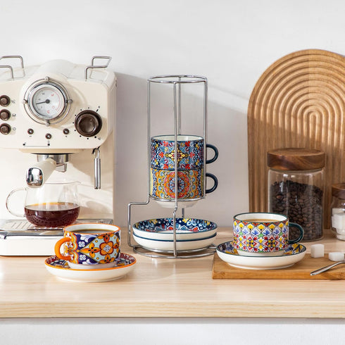 8 Oz Set 4,Bohemian Cafe-03 vancasso Stackable Espresso Cups with Saucers and Metal Stand of Ceramic Cappuccino Cups