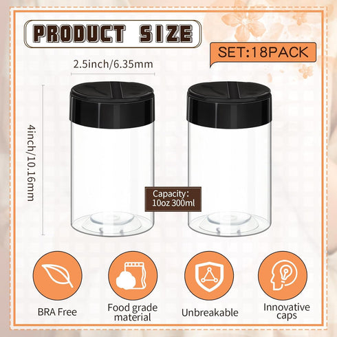 Uiifan 18 Pack 10 oz Spice Jars with Black Lids Plastic Clear and Safe Spice Bottles with Black PVC Labels Plastic Spice Containers with Shaker Lids for Kitchen Storing Salt Herbs Seasoning Powders