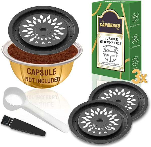 CAPMESSO Reusable Coffee Capsule Lids for Nespresso Vertuo Pods, Food Grade Silicone Caps with Scoop and Brush (3PCS)
