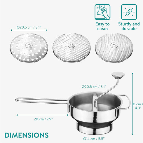 2-Quart 3 Navaris Stainless Steel Food Mill with Grinding Discs - Rotary Food Mill to Grind & Puree Fruits, Vegetables