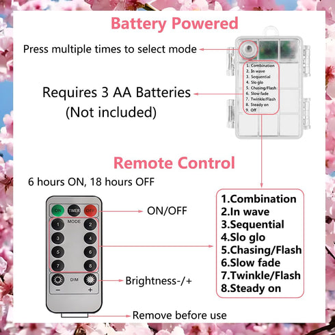 30 Cherry Blossom Decor Flower String Lights Vines with Fairy Lights Christmas, LED Copper with Remote Control Battery