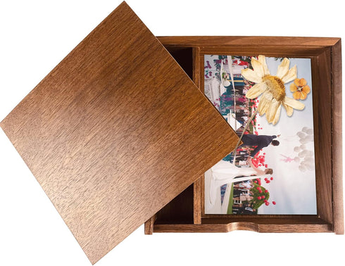 6.73x6.73x1.38inch) Wood Gift Box with Sliding Top, JBOS Discrete Sliding-Lid Wooden Boxes Photo Box Wedding Memory Box