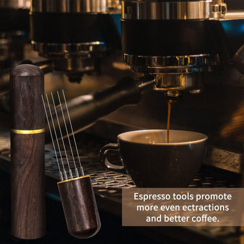 Espresso Coffee Stirrer 5 Needles 0.4mm Distribution Tools with Natural Wood Handle and Stand