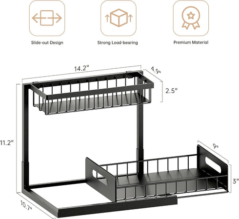 VUSIGN Under Sink Organizer and Storage (2 Pack) - Slide Out Cabinet Organizer, Pull Out Sink Shelf for Kitchen, Black