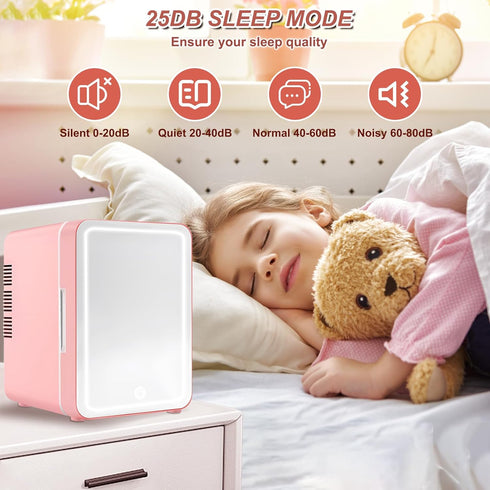 Mini Fridge for Bedroom, Skincare Fridge with Dimmable LED Light Mirror, 4L Makeup Mini Fridge, Pink