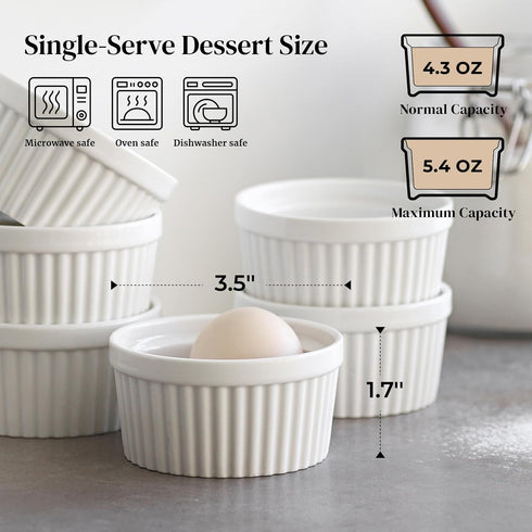 DOWAN Ramekins 4 oz Oven Safe for Creme Brulee Souffle, Porcelain Custard Cups, Set of 6, Classic White