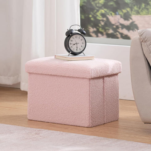 16 Inch 331 lb Folding Storage Ottoman Bench, Boucle Small Ottoman Foot Rest for Couch, End of Bed Bench with Capacity