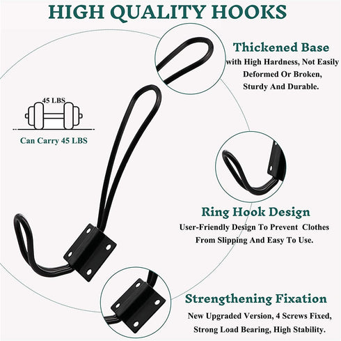Rustic Entryway Hooks - 12 Pack Farmhouse Hooks with Metal Screws, Black Decorative Wall Mounted Coat Rack