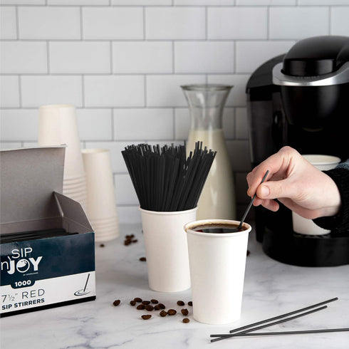 Crystalware Plastic Stir Straw, Sip Stirrer | For Coffee and Cocktail, 7 1/2 Inches 1000/Box, Black