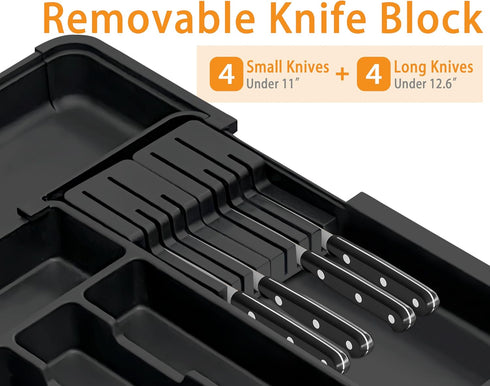 Homecor Silverware Organizer, Expandable Large Kitchen Drawer Organizer with 2 Removable Knife Blocks, Black
