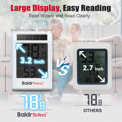 3.2'' 1Pack BaldrTherm Room Thermometer Indoor Humidity Meter, Solar-Powered Digital Temperature Sensor Monitor