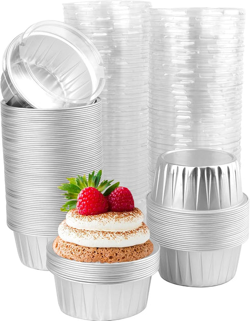 DEAYOU 100-Pack Silver Cupcake Baking Liner with Lid, Tart Pie Tin Pan Holder for Party, Wedding, Creme Brulee