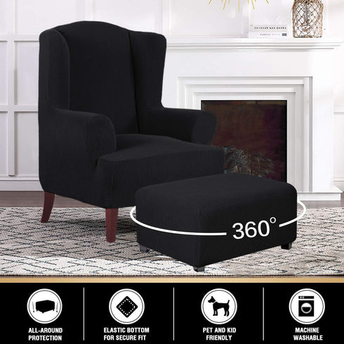 PrinceDeco Stretch Ottoman Cover Slipcovers, Rectangle for Living Room Foot Stool, Thick Checked Jacquard Fabric
