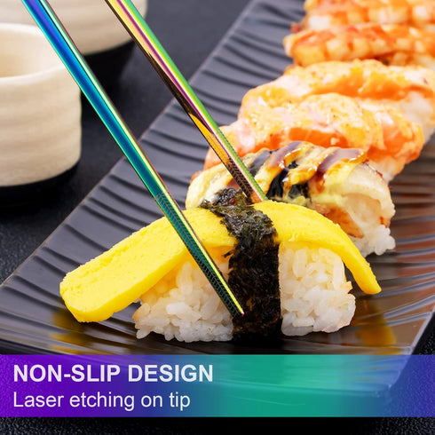 Metal Chopsticks Reusable 5 Pairs, Multicolor Stainless Steel, Dishwasher Safe, Lightweight Non-Slip Set