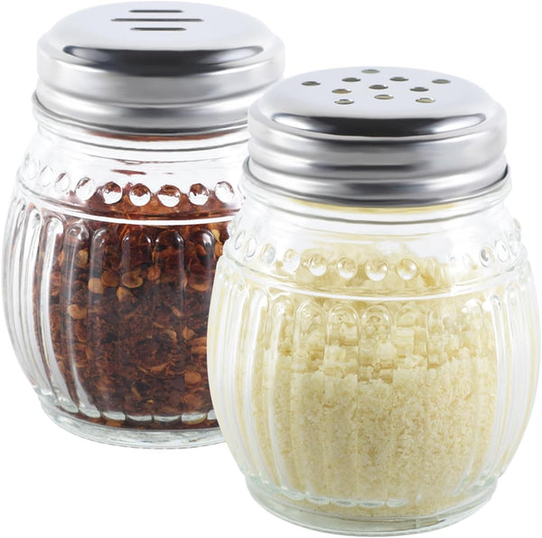 Cheese and Pepper Shakers Set of 2, 6oz Glass Spice Shakers with Stainless Steel Top