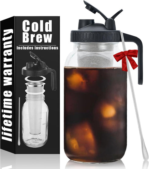 Cold Brew Mason Coffee Maker, 64oz Iced Coffee Pitcher with Stainless Steel Mixing Spoon & Super Dense Filter
