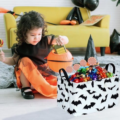 KUNRO Bat Pattern Halloween Storage Gift Basket, Canvas Storage Bins with Handles, Rectangle Organizer