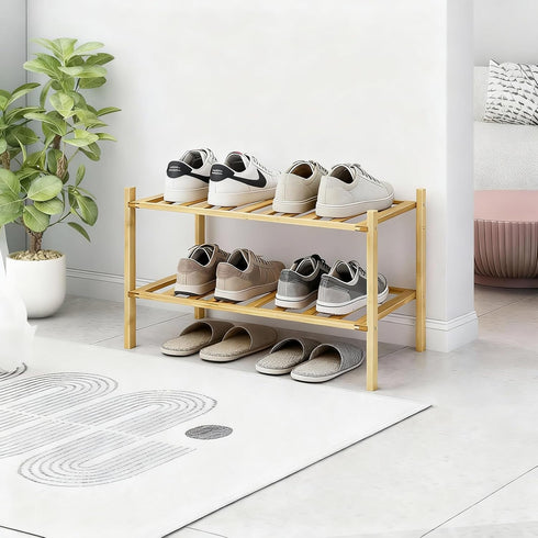2 Small Shoe Rack, Multipurpose Tier Shoe Organizers RackSmall Bamboo Shelfs for Shoes, Plants, Books, Living Room
