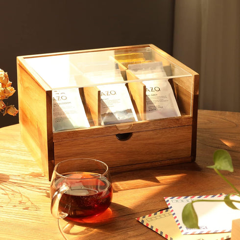 2 9 HTB Large Tea Organizer Tier with Drawer, Tea Bag Organizer with Acrylic Transparent Hinged Lid, Compartments