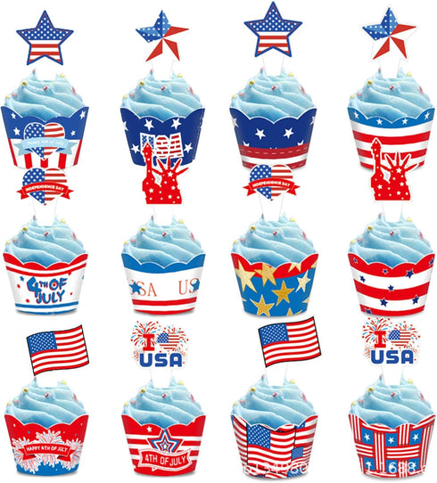 24 PCS 4th of July Cupcake Toppers, USA Patriotic Cupcake Liners for Cake Decoration Supplies