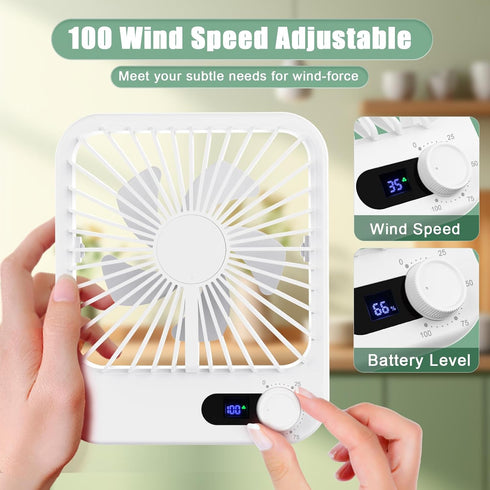 Travel Fan for Sleeping, Portable Fan for Travel Rechargeable with Digital Display, 100 Speed Wind Personal USB Fan with Variable Speed Knob, Small Desk Fan for Bedroom Travel Essentials, White by Cooperwin