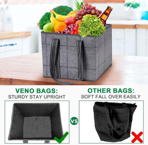 VENO 3 Pack 6 Reusable Grocery Bags, Shopping Bags for groceries, Utility Tote with Handles and Hard Bottom, Foldable