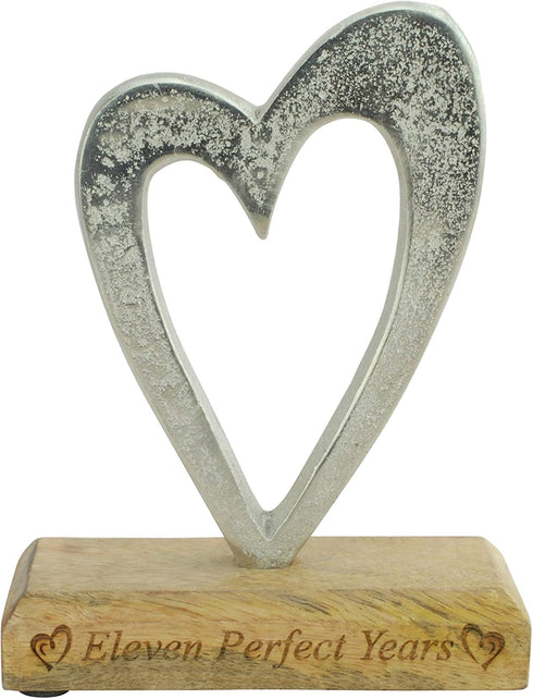 Eleven Perfect Years Rustic Metal Heart Decoration for 11th Anniversary – Free Standing Aluminium & Wooden (hssperf-11)