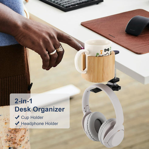 Nnewvante Desk Cup Holder, 2 in 1 360° Rotating Headphone Hanger Under Desk, 360° Anti-Spill Cup Holder, Table Cup Holder for Water Bottles, Gaming Desk Accessories - Bamboo