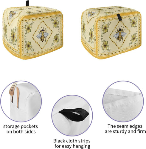 Summer Bee Toaster Cover 4 Slice, Large Kitchen Appliance Covers, Yellow Lace Farmhouse Sunflower Rustic Toaster Oven Cover with Loop, Bread Machine Cover Polyester Dust Cover Protection