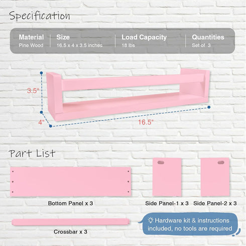 Set 3, Harwaya Pink Nursery Floating Shelves for Wall of Baby Girls Room Wall Book Shelves for Kids Bedroom, Corner