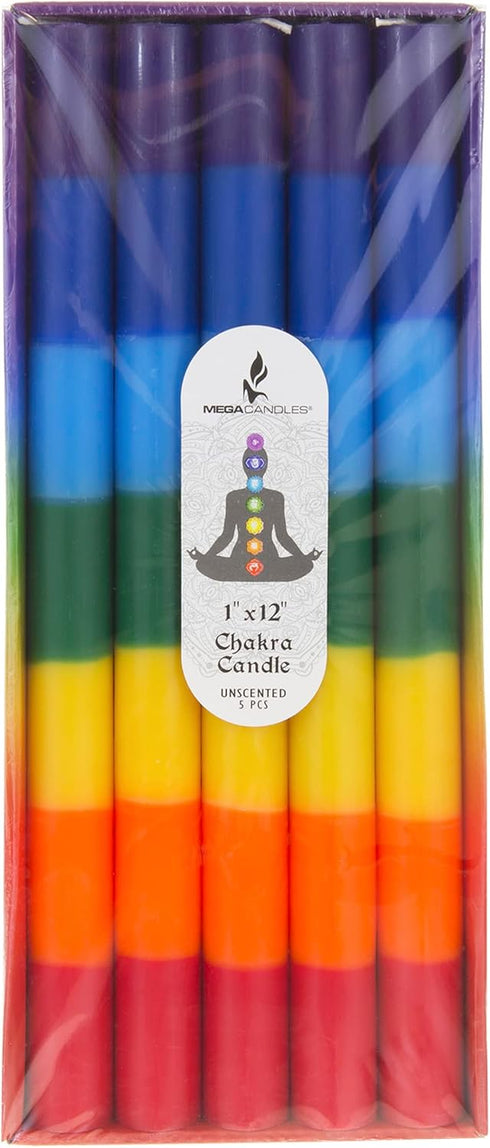 Mega Candles 5 pcs Unscented Multi Color Straight Taper Chakra Candles, Hand Poured Premium Wax, 12 Inch x 1 Inch, 100%