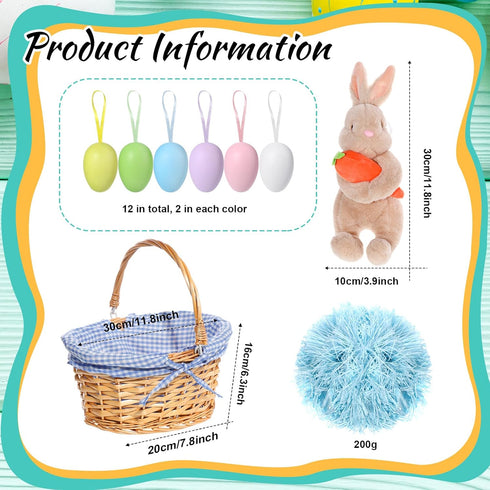 SiliFine Easter Bunny Gift Basket, Include Wicker Basket with Liner Gingham, Easter Plush Bunny Rabbit, Easter Eggs