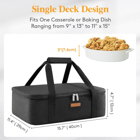 Insulated Casserole Carrier for Hot or Cold Food, Lasagna Lugger Tote for Potluck Parties/Picnic/Cookouts, Fits 9"×13" Baking Dish, Black